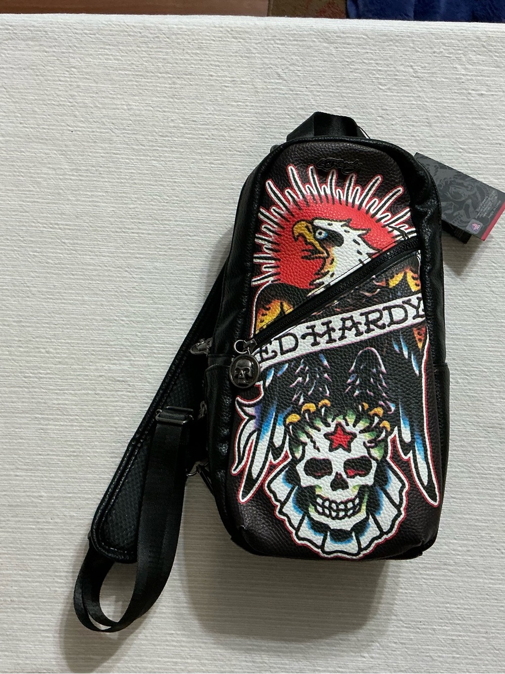 Ed Hardy Black Sling Bag with Eagle & Skull Graphic